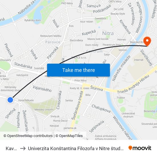 Kavcova to Univerzita Konštantína Filozofa v Nitre študentský domov UKF Nitra map