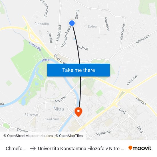 Chmeľová Dolina to Univerzita Konštantína Filozofa v Nitre študentský domov UKF Nitra map