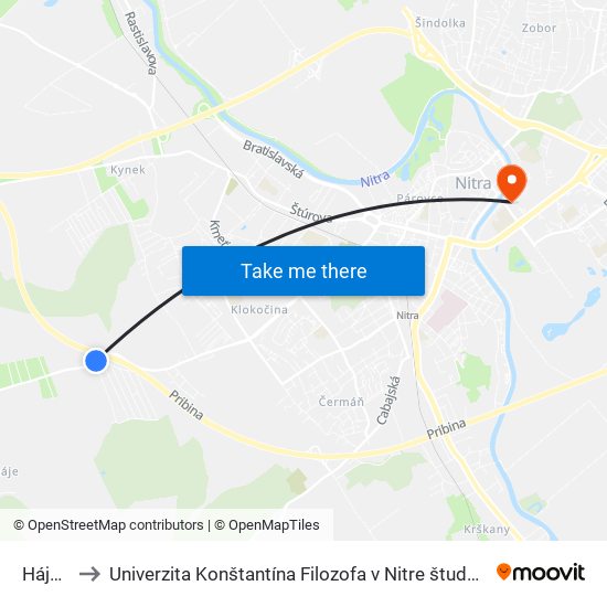 Hájnická to Univerzita Konštantína Filozofa v Nitre študentský domov UKF Nitra map