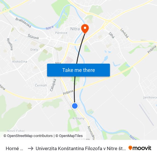 Horné Krškany to Univerzita Konštantína Filozofa v Nitre študentský domov UKF Nitra map