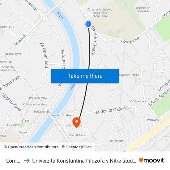 Lomnická to Univerzita Konštantína Filozofa v Nitre študentský domov UKF Nitra map