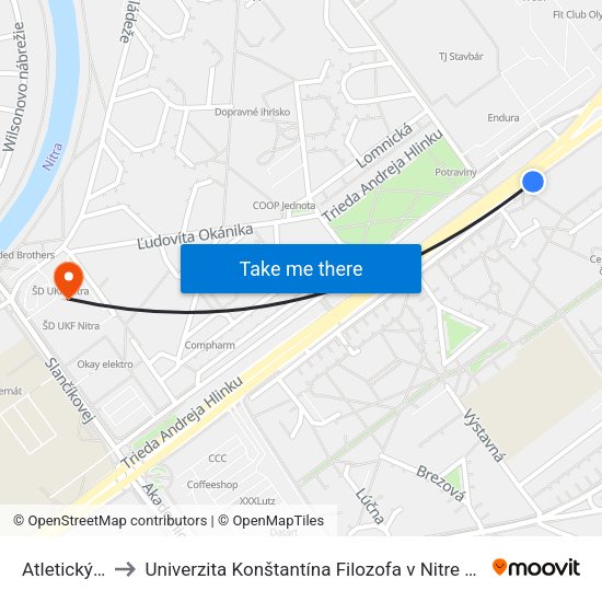 Atletický Štadión to Univerzita Konštantína Filozofa v Nitre študentský domov UKF Nitra map