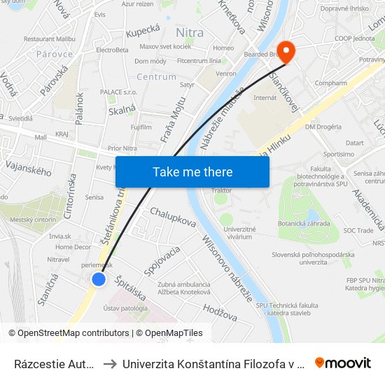 Rázcestie Autobusová Stanica to Univerzita Konštantína Filozofa v Nitre študentský domov UKF Nitra map