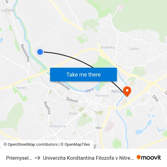 Priemyselný Park V to Univerzita Konštantína Filozofa v Nitre študentský domov UKF Nitra map