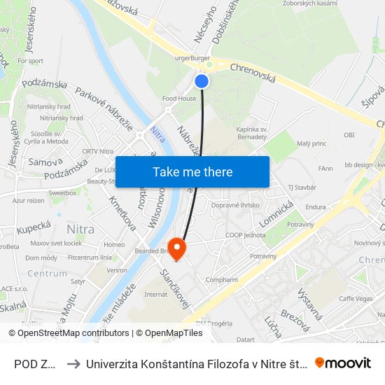 POD Zoborom to Univerzita Konštantína Filozofa v Nitre študentský domov UKF Nitra map