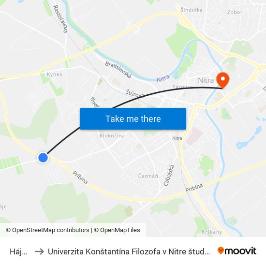 Hájnická to Univerzita Konštantína Filozofa v Nitre študentský domov UKF Nitra map