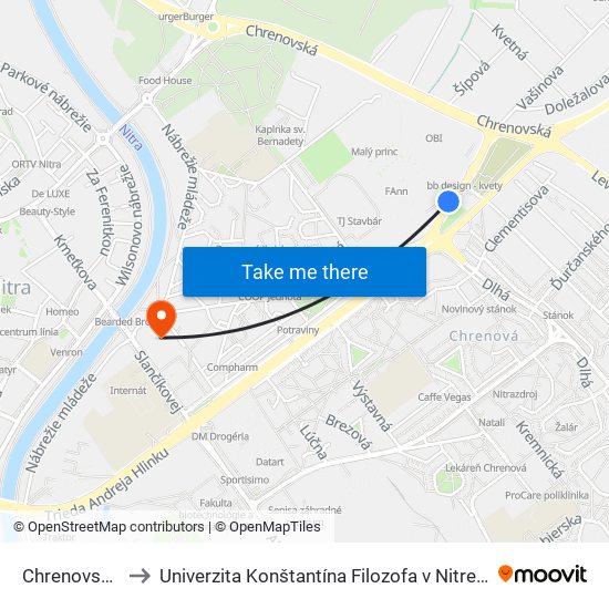 Chrenovský Cintorín to Univerzita Konštantína Filozofa v Nitre študentský domov UKF Nitra map