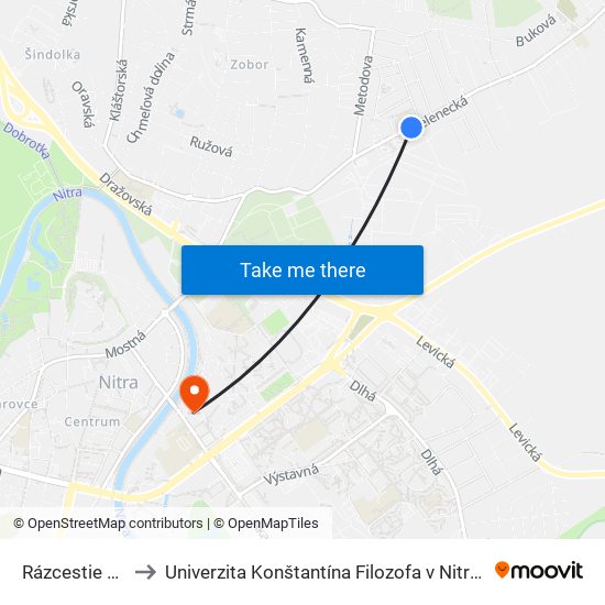 Rázcestie Moskovská to Univerzita Konštantína Filozofa v Nitre študentský domov UKF Nitra map