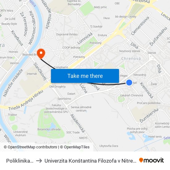 Poliklinika Chrenová to Univerzita Konštantína Filozofa v Nitre študentský domov UKF Nitra map