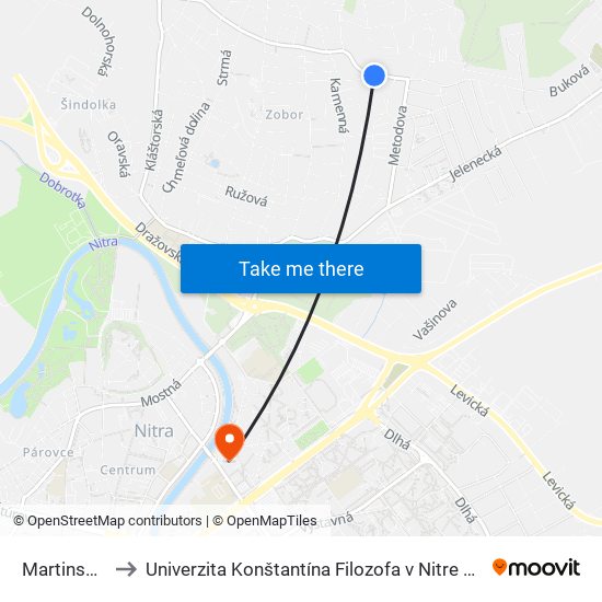 Martinská Dolina to Univerzita Konštantína Filozofa v Nitre študentský domov UKF Nitra map