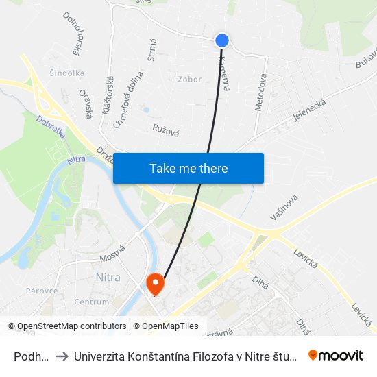 Podhájska to Univerzita Konštantína Filozofa v Nitre študentský domov UKF Nitra map