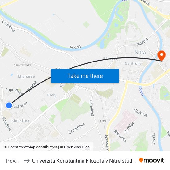 Považská to Univerzita Konštantína Filozofa v Nitre študentský domov UKF Nitra map