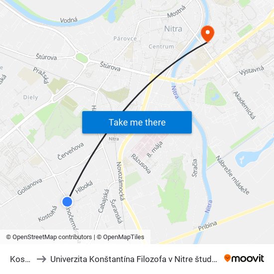 Kostolná to Univerzita Konštantína Filozofa v Nitre študentský domov UKF Nitra map