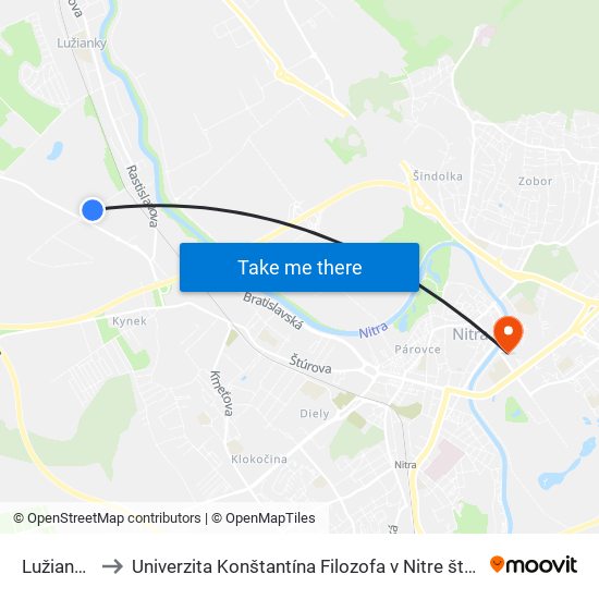 Lužianky Vúžv to Univerzita Konštantína Filozofa v Nitre študentský domov UKF Nitra map