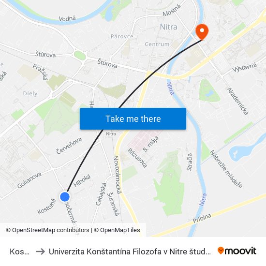 Kostolná to Univerzita Konštantína Filozofa v Nitre študentský domov UKF Nitra map