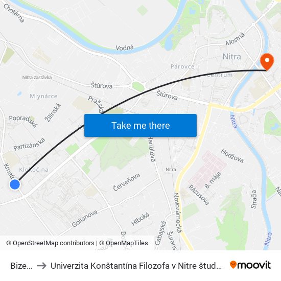 Bizetova to Univerzita Konštantína Filozofa v Nitre študentský domov UKF Nitra map