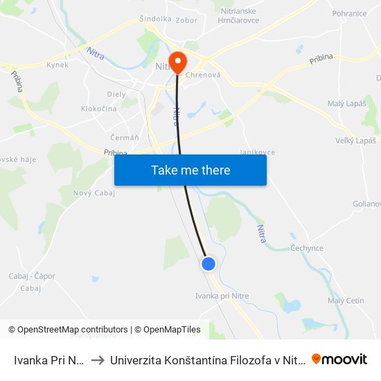 Ivanka Pri Nitre Texiplast to Univerzita Konštantína Filozofa v Nitre študentský domov UKF Nitra map