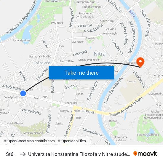 Štúrova to Univerzita Konštantína Filozofa v Nitre študentský domov UKF Nitra map