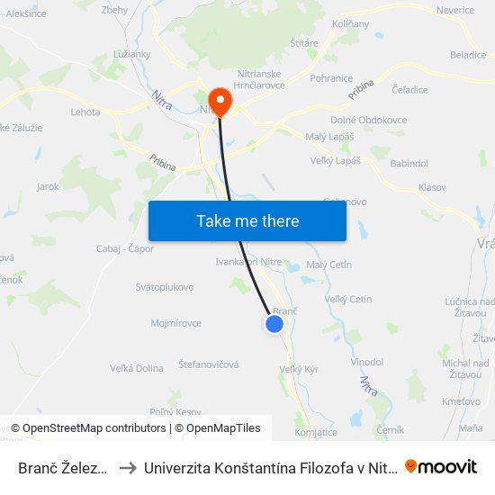 Branč Železničná Stanica to Univerzita Konštantína Filozofa v Nitre študentský domov UKF Nitra map