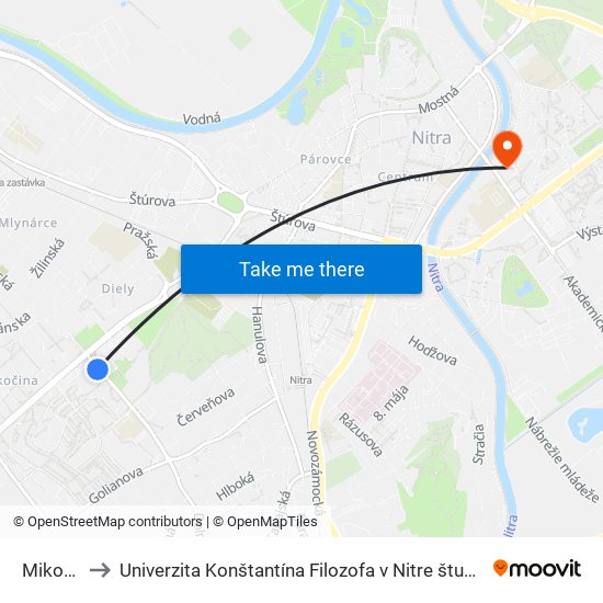 Mikovíniho to Univerzita Konštantína Filozofa v Nitre študentský domov UKF Nitra map