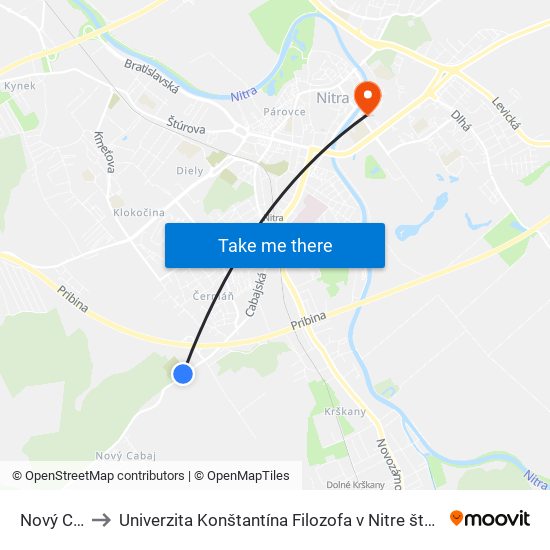 Nový Cintorín to Univerzita Konštantína Filozofa v Nitre študentský domov UKF Nitra map