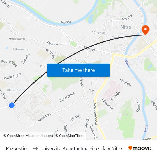 Rázcestie Kmeťova to Univerzita Konštantína Filozofa v Nitre študentský domov UKF Nitra map