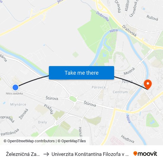 Železničná Zastávka Mlynárce to Univerzita Konštantína Filozofa v Nitre študentský domov UKF Nitra map