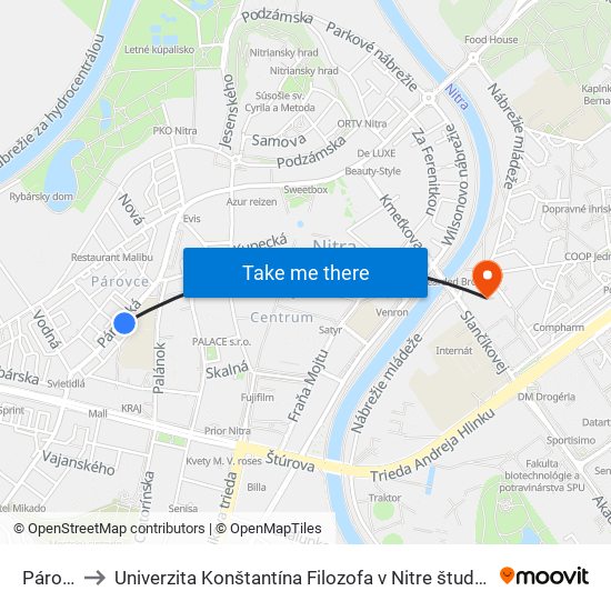 Párovská to Univerzita Konštantína Filozofa v Nitre študentský domov UKF Nitra map