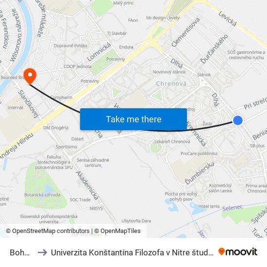 Bohúňova to Univerzita Konštantína Filozofa v Nitre študentský domov UKF Nitra map