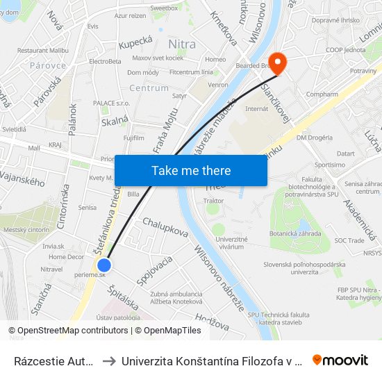 Rázcestie Autobusová Stanica to Univerzita Konštantína Filozofa v Nitre študentský domov UKF Nitra map