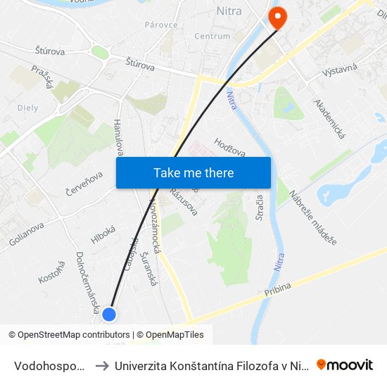 Vodohospodárske Stavby to Univerzita Konštantína Filozofa v Nitre študentský domov UKF Nitra map