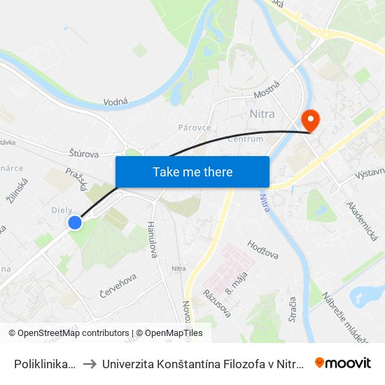 Poliklinika Klokočina to Univerzita Konštantína Filozofa v Nitre študentský domov UKF Nitra map