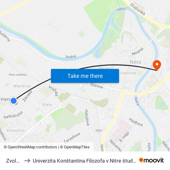 Zvolenská to Univerzita Konštantína Filozofa v Nitre študentský domov UKF Nitra map