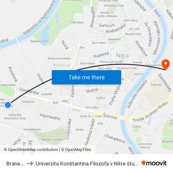 Braneckého to Univerzita Konštantína Filozofa v Nitre študentský domov UKF Nitra map