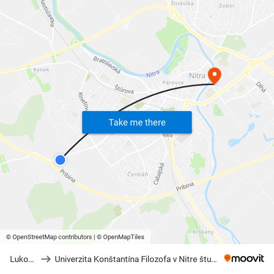 Lukov Dvor to Univerzita Konštantína Filozofa v Nitre študentský domov UKF Nitra map