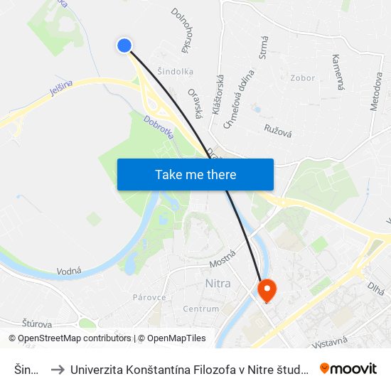 Šindolka to Univerzita Konštantína Filozofa v Nitre študentský domov UKF Nitra map