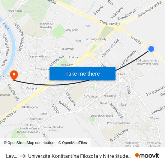 Levická to Univerzita Konštantína Filozofa v Nitre študentský domov UKF Nitra map