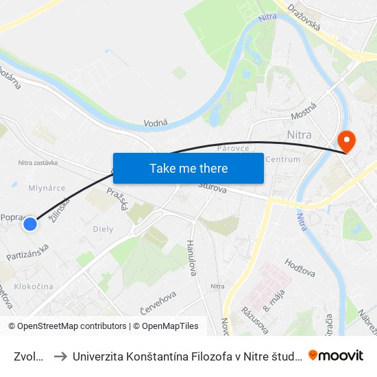 Zvolenská to Univerzita Konštantína Filozofa v Nitre študentský domov UKF Nitra map