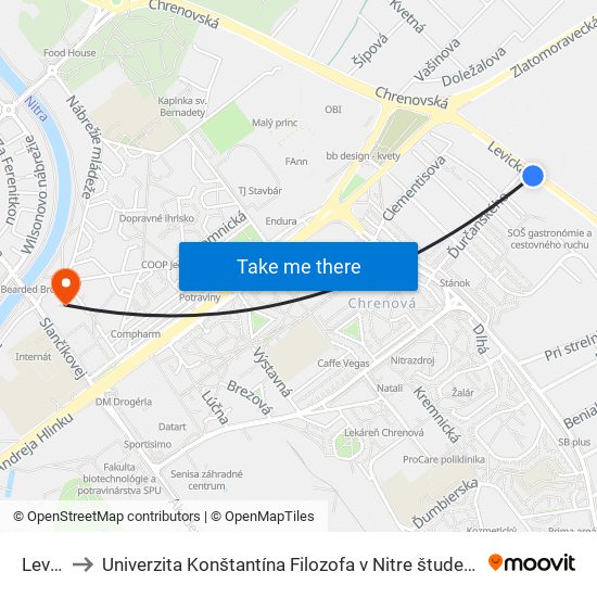 Levická to Univerzita Konštantína Filozofa v Nitre študentský domov UKF Nitra map