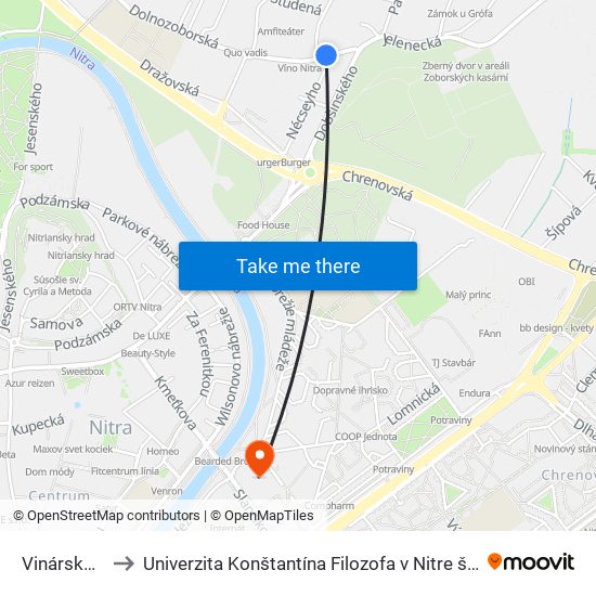 Vinárske Závody to Univerzita Konštantína Filozofa v Nitre študentský domov UKF Nitra map