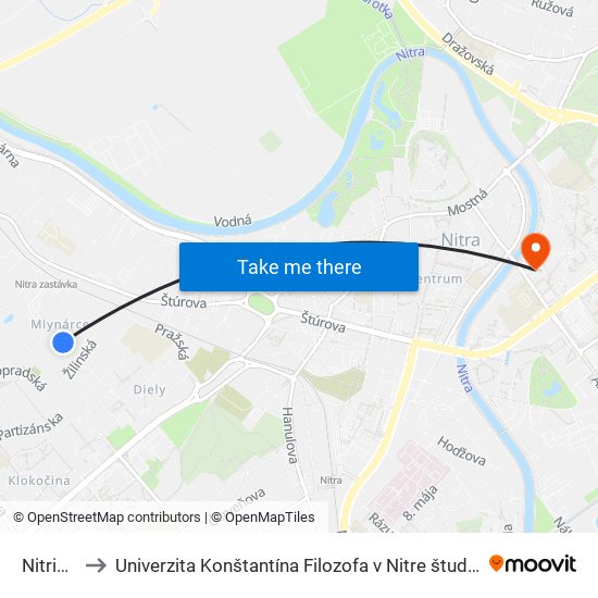 Nitrianska to Univerzita Konštantína Filozofa v Nitre študentský domov UKF Nitra map