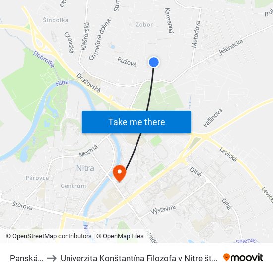 Panská Dolina to Univerzita Konštantína Filozofa v Nitre študentský domov UKF Nitra map