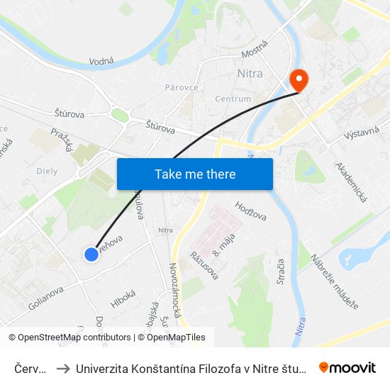 Červenova to Univerzita Konštantína Filozofa v Nitre študentský domov UKF Nitra map