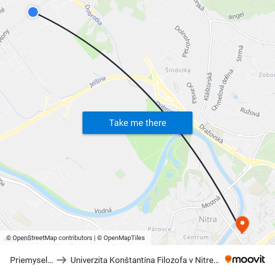 Priemyselný Park II to Univerzita Konštantína Filozofa v Nitre študentský domov UKF Nitra map