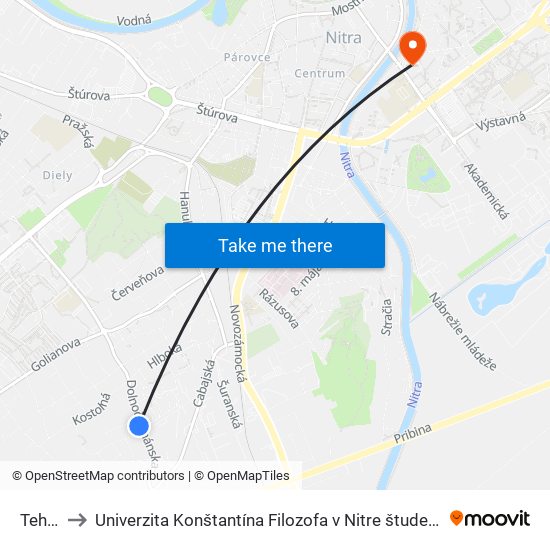 Tehelná to Univerzita Konštantína Filozofa v Nitre študentský domov UKF Nitra map