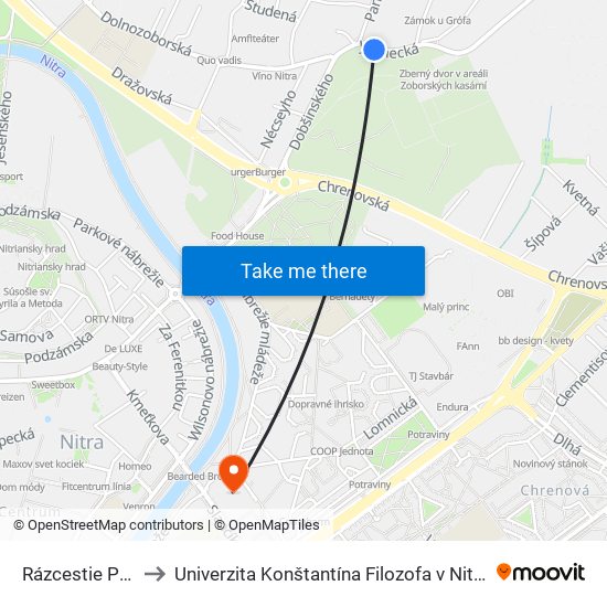 Rázcestie Panská Dolina to Univerzita Konštantína Filozofa v Nitre študentský domov UKF Nitra map