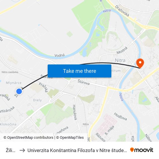 Žilinská to Univerzita Konštantína Filozofa v Nitre študentský domov UKF Nitra map