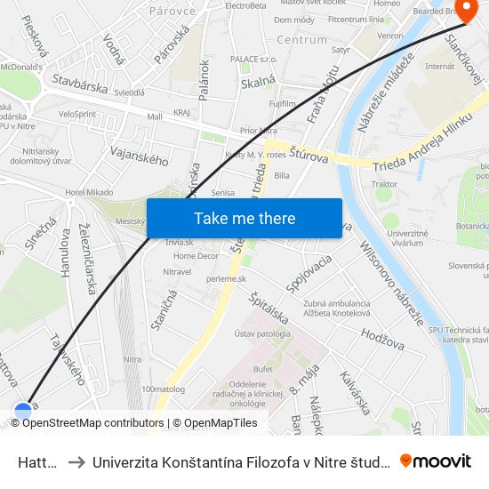 Hattalova to Univerzita Konštantína Filozofa v Nitre študentský domov UKF Nitra map