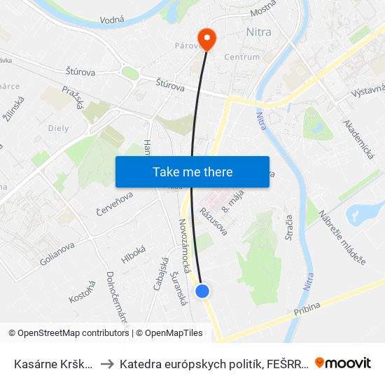 Kasárne Krškany to Katedra európskych politík, FEŠRR, SPU map