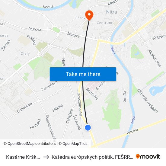 Kasárne Krškany to Katedra európskych politík, FEŠRR, SPU map